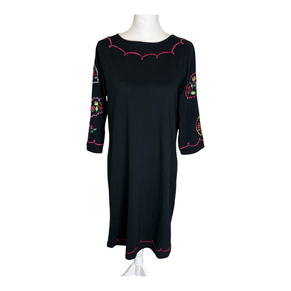 Michael Simon Lite Black Cotton Embroidered Floral Shift Dress Large 3/4 Sleeves